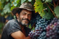 Middle-aged Hispanic vineyard worker smiling among ripe grape clusters during harvest season, wearing weathered hat and casual attire.