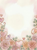 Romantic floral border frame with pink roses, hearts, and eucalyptus leaves on soft watercolor background. Isolated design for wedding invitations, greeting cards, and stationery projects.