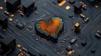 Rusty heart shape formed on circuit board with blue corrosion edges against dark electronic components background. Technology meets emotion concept.