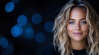 Young Caucasian woman with wavy blonde hair and blue eyes smiling against dark background with blue bokeh lights. Natural makeup and confident expression.