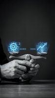 Businessman hands balancing holographic icons showing equilibrium between decisions and technology in corporate strategy concept.