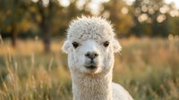 White alpaca with fluffy coat standing in grassy field during golden hour, suitable for agriculture, animal husbandry, and livestock farming content.