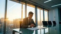 Professional businessman in suit working on laptop at modern office desk with city skyline view during golden hour sunset through floor-to-ceiling windows.