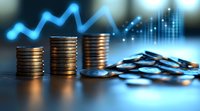 Stacks of coins with rising blue financial chart graph in background showing market growth and investment success, illuminated by dramatic lighting.