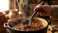 Traditional homemade baked beans cooking in cast iron pot with wooden spoon, rustic kitchen setting with clay pottery and warm natural lighting.