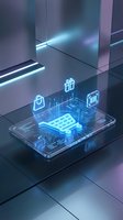 Futuristic holographic shopping interface with glowing blue icons on transparent tablet displaying e-commerce symbols in modern digital environment.