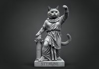 Monochrome statue of a cat dressed in classical robes with raised paw, standing on pedestal labeled Stymune. Suitable for art, sculpture, and classical design projects.