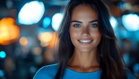Young attractive woman with long brown hair smiling at camera against blurred city lights background at night. Professional headshot for business marketing.