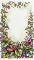 Botanical frame with climbing vines, heart-shaped leaves in green and magenta, and delicate pink flowers on cream background. Isolated design element for invitations, cards, and posters.
