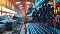 Metal pipes and tubes stacked on industrial warehouse shelves with orange racks. Manufacturing storage facility with steel construction materials in rows.
