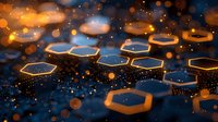 Glowing hexagonal platforms with golden edges floating in dark blue space with magical light particles and bokeh effect.