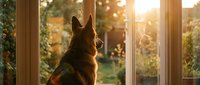 Brown dog looking out through glass door at sunny garden with green plants and warm golden light during daytime.