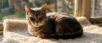Adorable tabby kitten resting on cozy blanket by sunny window, perfect for pet care, home comfort and feline companionship content.