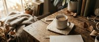 Cozy workspace with steaming mug on wooden desk, blank notebook, natural light from window, and potted plants creating warm, productive atmosphere for writing or remote work.