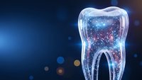 Futuristic transparent tooth with cosmic galaxy interior on dark blue background for dental technology and space-themed healthcare concepts.