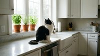 Black and white cat sitting on marble kitchen counter near window with potted herbs in bright modern farmhouse style interior design.