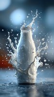 Fresh milk splashing dynamically from glass bottle with droplets frozen in motion against soft blue background for dairy and beverage advertising.