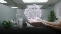 Professional businesswoman holding glowing holographic brain sphere in modern office environment representing artificial intelligence and innovation.