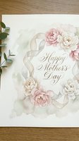 Elegant watercolor Happy Mother's Day greeting card with soft pink and cream peonies, delicate ribbon, and eucalyptus leaves on textured paper background.