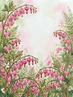 Watercolor bleeding heart flowers framing a soft pink background, lush green foliage, romantic botanical art for cards, prints, and decor.