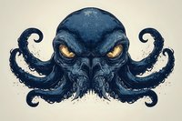 Mysterious deep sea creature with glowing yellow eyes and tentacles in dark blue tones against textured background, stylized as mythical ocean monster art.