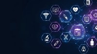 Medical healthcare technology network with hexagonal icons on dark blue background for digital health innovation and telemedicine applications.