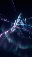 Futuristic digital crystal structure with neon light trails and glowing energy beams against starry space background. Ideal for sci-fi, technology, and innovation concepts.
