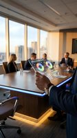 Executive presenting digital analytics on transparent tablet during corporate meeting in modern high-rise office with city skyline view for business presentation.