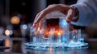 Futuristic holographic city projection with glowing buildings and financial chart emerging from business person's hand against dark background with bokeh lights.