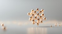 Metallic gold molecular structure floating against blurred gray background, scientific concept showing atomic bonds and crystalline arrangement in chemistry and physics.