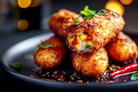 Crispy cheese rolls with spicy coating and melted filling served on black plate with chili pepper and herbs, bokeh lights background. Restaurant appetizer.