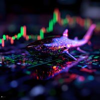 Metallic shark figurine illuminated by colorful trading chart lights, reflecting market volatility concept on dark background with stock market data visualization.