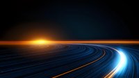 Futuristic curved light trails on dark background with glowing orange sunrise and blue neon streaks create dynamic motion effect for technology designs.