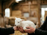 Young white lamb held in farmer's hands in rustic barn setting, showcasing livestock care and agricultural practices for farming and rural industry content.