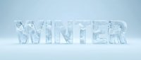 Word WINTER made of transparent ice with frost and snow texture on light blue background, perfect for seasonal banners and holiday designs.