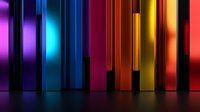 Vibrant multicolored vertical light bars create dramatic abstract background with purple, blue, orange, yellow and red glowing stripes on dark surface.