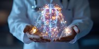 Medical professional holding glowing holographic human anatomy visualization with DNA structure and nervous system. Futuristic healthcare concept.