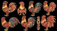 Rooster illustrations in various poses with warm golden and red tones, isolated on transparent background. Ready for t-shirt designs, clipart, stickers, sublimation, and print-on-demand products.