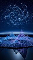 Digital brain network constellation above wireframe mountain landscape with glowing neural connections and data visualization grid for technology concepts.