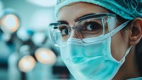 Asian female surgeon in protective mask and glasses focused during operation, with surgical lights in background creating medical atmosphere.