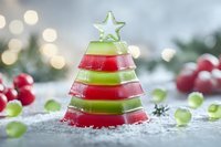 Festive layered gelatin Christmas tree dessert with star topper on snowy surface surrounded by red and green candies with bokeh lights background.