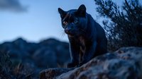 Black cat standing on rocky terrain at dusk with blurred mountains and vegetation in background, suitable for wildlife and nature photography projects.