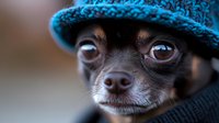 Close-up portrait of Chihuahua dog wearing blue knitted hat, focused on expressive brown eyes and nose against blurred background, showing pet personality.