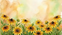 Watercolor black-eyed Susan flowers in warm yellow and green tones with soft orange background, copy space for text or design.