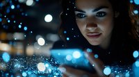 Young woman illuminated by blue glowing lights and bokeh effects holds smartphone in dark, creating magical atmosphere for social media and technology concepts.