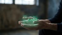 Businessman holding glowing green holographic car model in cupped hands showcasing automotive technology innovation and future transportation concepts.