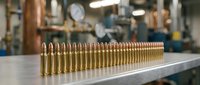Row of brass ammunition cartridges lined up on metal surface in industrial manufacturing facility with blurred factory equipment background.