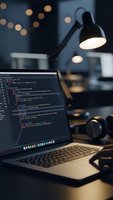 Developer workspace with laptop displaying code editor and programming scripts in modern office environment with desk lamp and bokeh lights.