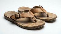 Pair of bronze metallic thong sandals with buckle straps and cushioned soles, suitable for casual summer wear and footwear design projects.