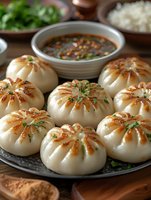 Pan-fried dumplings with crispy bottom served with spicy dipping sauce on rustic wooden table with rice and herbs in background.